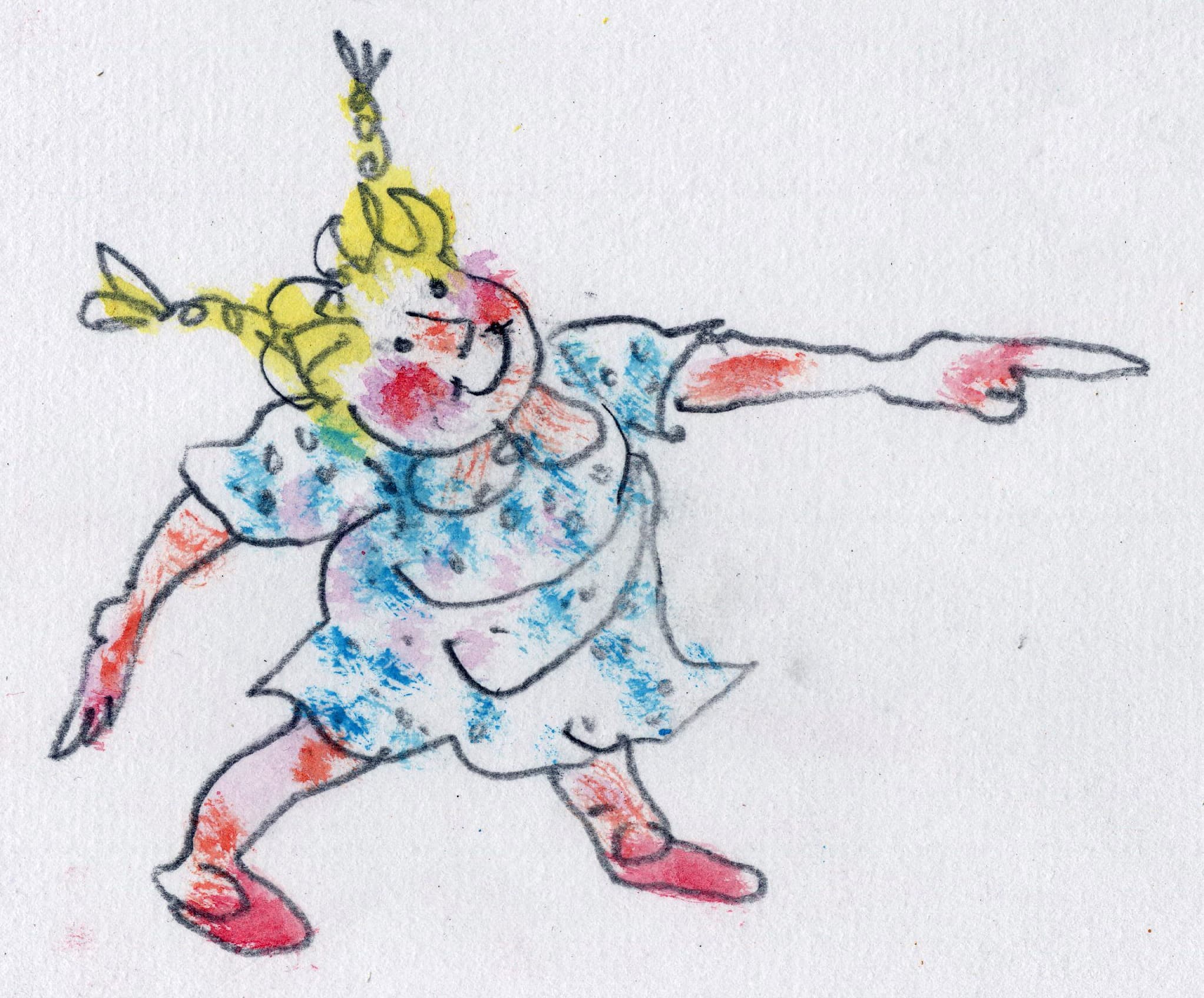Gunter Langer, Karikatur Kinder, blondes Mädchen mit Zöpfen , Illustration zur Kurzgeschichte "Sepp" von Olav Stoy, 2017, Gouache Wasserfarbe Bleistift, Karton